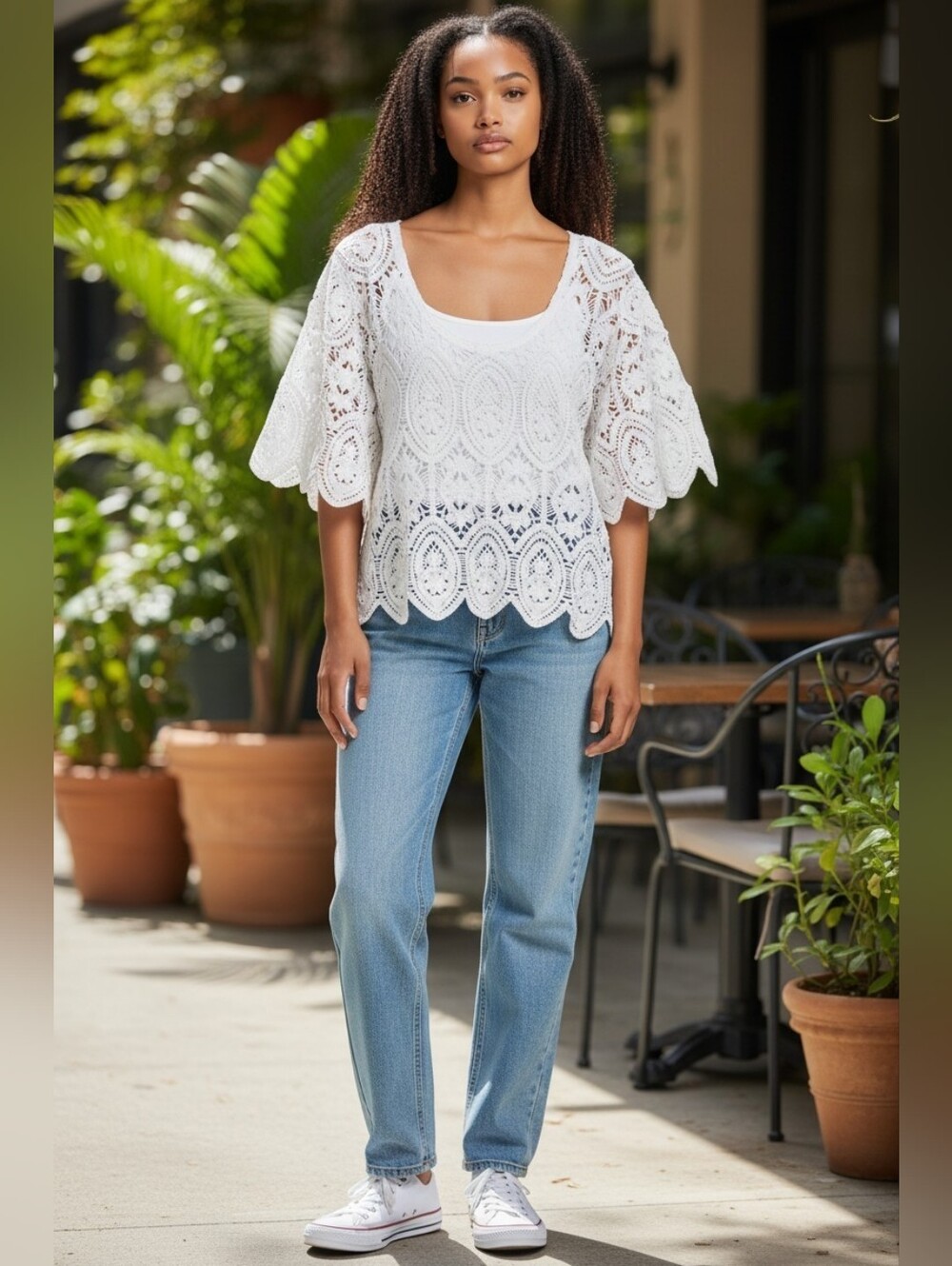 Solitaire White Crochet Lace Short Sleeve Top Size Large - Picture 9 of 9